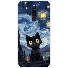 TechTree Redmi 8 Uyumlu Gece Yarısı Kedi Tasarımlı Baskılı Silikon Kılıf