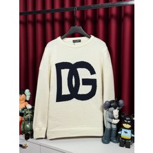 Dg Logo Işlemeli Beyaz Erkek Triko Kazak  - Yeni Sezon Ürünü