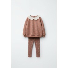 Magu Kız Çocuk Pamuklu Kiremit Çiçek Desenli Dantel Yaka Sweatshirt & Tayt Takım