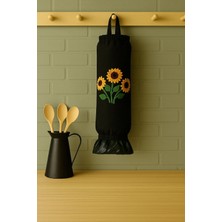 Paris Home Poşetlik Bez Poşet Düzenleyici Organizer - 3D Baskı Siyah Çiçek Desenli Lastikli Mutfak Poşetlik