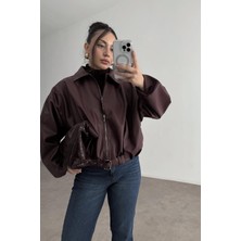 Prifaldi Zr Oversiz Kemerli Bomber Bordo Deri Ceket