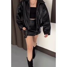 Prifaldi Pb Oversiz Kemerli Bomber Siyah Deri Ceket