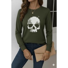 Arben Boutique Kadın Uzun Kollu Bisiklet Yaka Kurukafa Desenli Viskon Bluz