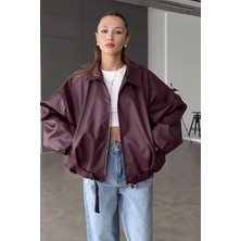 Prifaldi Pb Oversiz Kemerli Bomber Bordo Deri Ceket