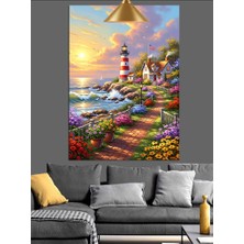 Karizma Tablo Deniz Feneri Sahil Gün Batımı Rengarenk Çiçekli Yol Dekoratif Kanvas - Mdf Ahşap Tablo