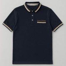 Tesbihane Kişiye Özel Nakışlı Cep Yaka Garnili Kısa Kollu Ribana Yaka Premium Lacivert Tişört L