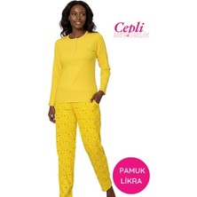 Guava Kadın Sarı Çiçek Desenli Mevsimlik Pamuklu Penye Uzun Kol Cepli Pijama Takımı-Slim Fit Dar Kalıp