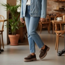Ne&Ve Shoes Süet Hakiki Deri Bağcıklı Kalın Desenli Tabanlı Kadın Günlük Casual Ayakkabı
