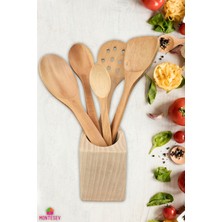 Montesev Standlı Ahşap Tahta Kaşık Seti Yemek Servis Sunum Kaşık Seti 5 Parça