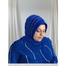 Saks Mavisi 3 Sıra Işlemeli Nuray Model Hazır Duvak Hazır Şal Hazır Türban