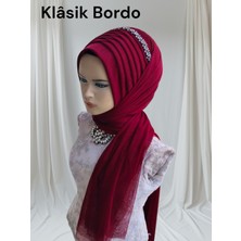 Aksesuar Dahil Klasik Bordo Tektek Hazır Duvak Hazır Şal Hazır Türban Pratik Şal