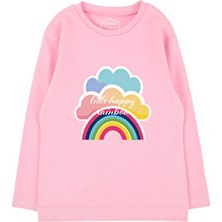 Bubuga Kız Çocuk %100 Pamuk Pembe Renk Gökkuşağı Baskılı Uzun Kol Tshirt