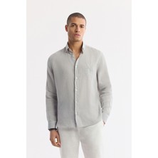 AVVA Erkek Gri Alttan Britli Yaka Nakışlı %100 Keten Comfort Fit Gömlek A51Y2145