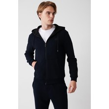 AVVA Erkek Lacivert Kapüşonlu 3 İplik Şardonlu Fermuarlı Regular Fit Sweatshirt E001019
