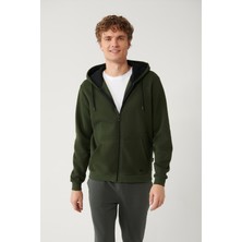 AVVA Erkek Haki Kapüşonlu 3 İplik Şardonlu Fermuarlı Regular Fit Sweatshirt E001019