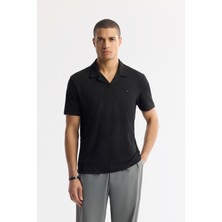 AVVA Erkek Siyah Apaj Yaka Çizgili Jakarlı Elastan Regular Fit T-Shirt A51Y1145