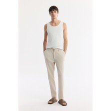 AVVA Erkek Bej Beli Bağcıklı Keten Karışımlı Chino Relaxed Fit Pantolon B003036