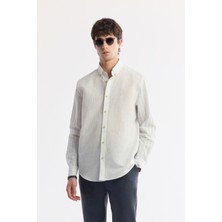 AVVA Erkek Lacivert Düğmeli Yaka Çizgili Keten Karışımlı Comfort Fit Gömlek A51Y2022