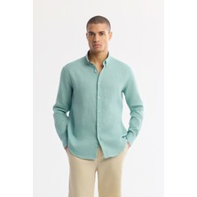 AVVA Erkek Mint Yeşil Düğmeli Yaka %100 Keten Comfort Fit Gömlek B002191