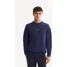 AVVA Erkek Lacivert Bisiklet Yaka Pamuklu Şardonlu Baskılı Regular Fit Sweatshirt A52Y1327