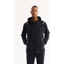 AVVA Erkek Siyah Kapüşonlu Fermuarlı Bi-Stretch Regular Fit Sweatshirt Polyester Günlük Stil
