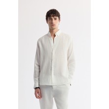 AVVA Erkek Beyaz Düğmeli Yaka %100 Keten Comfort Fit Gömlek B002191