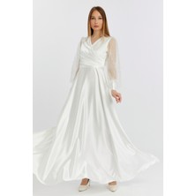 Asees Kadın Abiye ve Mezuniyet Kruvaze Yaka Elbise Saten Kumaş ve Inci Boncuklu Tül Abiye Elbise