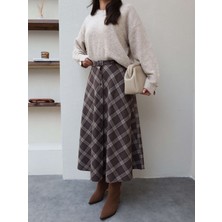 Esra Helvacı Ekose Desen Ön Düğmeli Etek