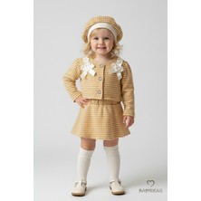 Babyden's Kız Bebek Kazayağı Desenli Etek Ceket Şapka Takımı,oduncu Kumaş Kışlık 3’lü Kombin Düğme ve Fiyonklu