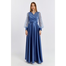 Asees Kadın Abiye ve Mezuniyet Kruvaze Yaka Elbise Saten Kumaş ve Inci Boncuklu Tül Abiye Elbise