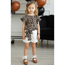 Kız Bebek Viskon Leopar Madonna Yaka Şortlu Bandana Alt Üst Takım
