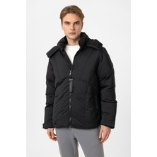 Siyah Regular Fit Kapüşonlu Puffer Mont