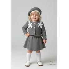 Babyden's Kız Bebek Kazayağı Desenli Etek Ceket Şapka Takımı,oduncu Kumaş Kışlık 3’lü Kombin Düğme ve Fiyonklu