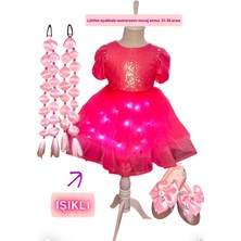 3b Kids Payetli Pembe Işıklı Elbise Kostüm + Pembe Bubble Saç + Pembe Babet Seti Bayram Doğum Günü Parti