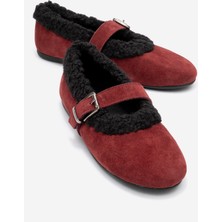 Luvi Guın Bordo Süet Hakiki Deri Peluş Detaylı Kemerli Kadın Babet Ayakkabı