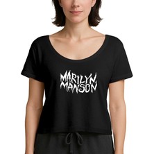 Z zepplin Marilyn Manson Iconic Text Siyah Kadın Tişört
