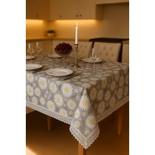Rona Home Lüks Gri Papatya Desenli Masa Örtüsü Dantel Detaylı, Şık ve Zarif Tasarım Silinebilir Leke Tutmaz
