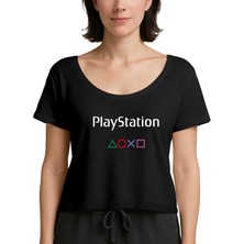 Zepplin Giyim Playstation Text Consol Siyah Kadın Tişört
