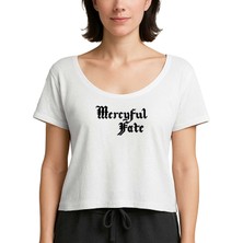 Z zepplin Mercyful Fate Logo Text Beyaz Kadın Tişört