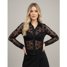 Sibel Günay Butik Kadın Dantel Siyah Polo Yaka Gömlek | Şık & Transparan