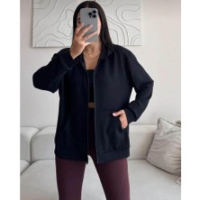 Şerice Kadın Siyah Kapüşonlu Cepli Fermuarlı Sweatshirt