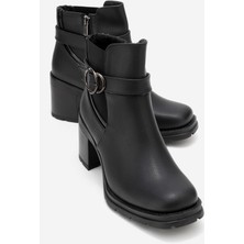 Luvi Heile Siyah Cilt Tokalı Kadın Kalın Topuklu Bot