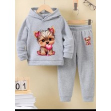 Punix Kids Punıx Kıds Sevimli Şeker Yavru Köpek Baskılı 3 Iplik Kalite Kapüşonlu  Kalın Kışlık Trend Kız Çocuk Alt  Üst  Eşofman Takımı