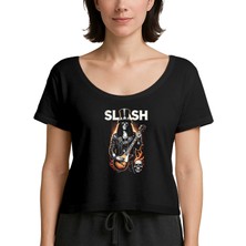 Zepplin Giyim Slash Guitarist Skull Logo Siyah Kadın Tişört