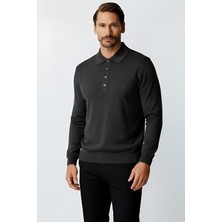 İGS Antrasit Standart Fit Dar Kalıp Polo Yaka Düz Uzun Kollu Triko