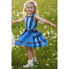 0015 - Kız Çocuk Mavi Lacivert Kareli Elbise