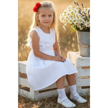 Parla Kids 0008 - Kız Çocuk Krem Elbise Kırmızı Toka Takım