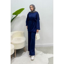 Tesettür Diyarı Modal Kumaş Kuşaklı Alt Üst Tesettür Takım- Lacivert