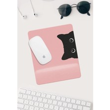 Pembe Kedi Çizimli Bilek Destekli Dikdörtgen Mouse Pad Mouse Altlığı.