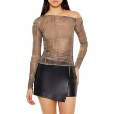 F21 Denim Baskılı Tek Omuz Bluz